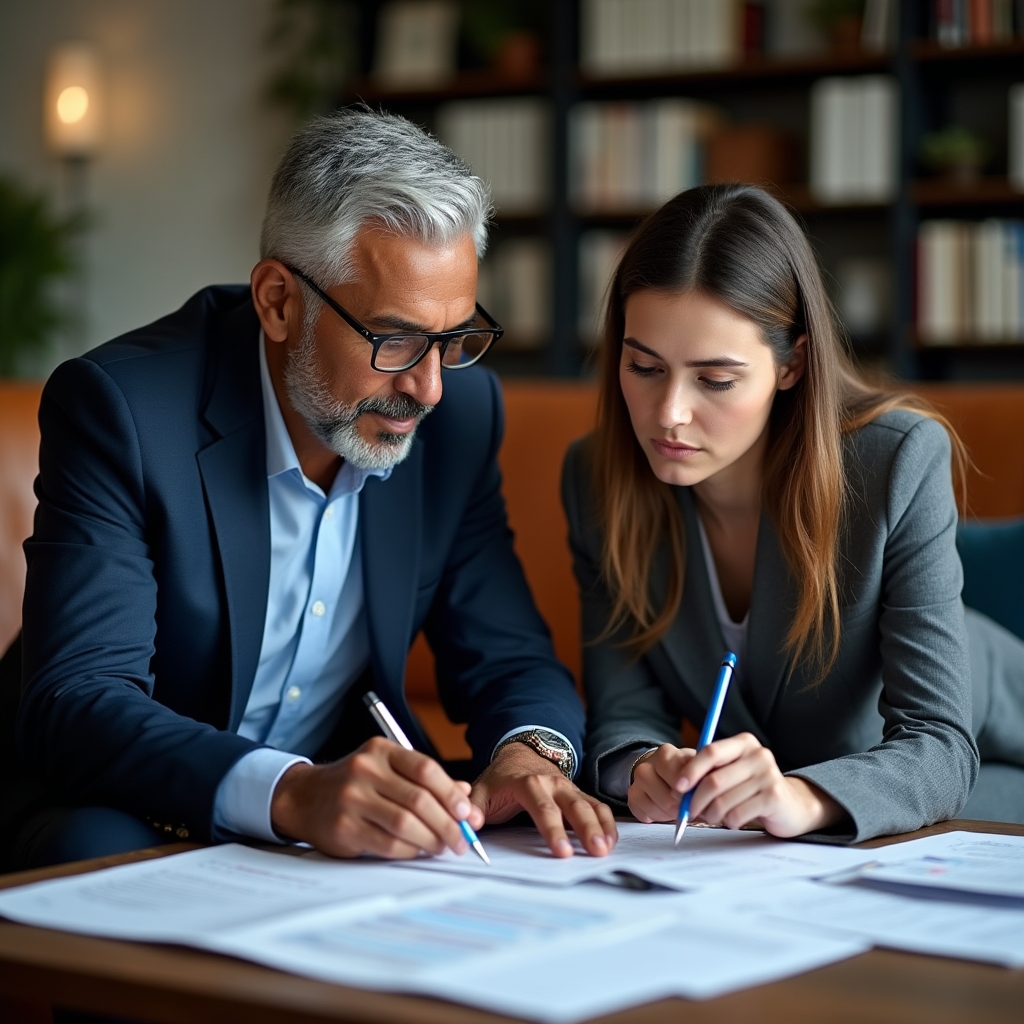 Senior professional mentor in conversation with younger colleague, pointing to documents on table, collaborative atmosphere
