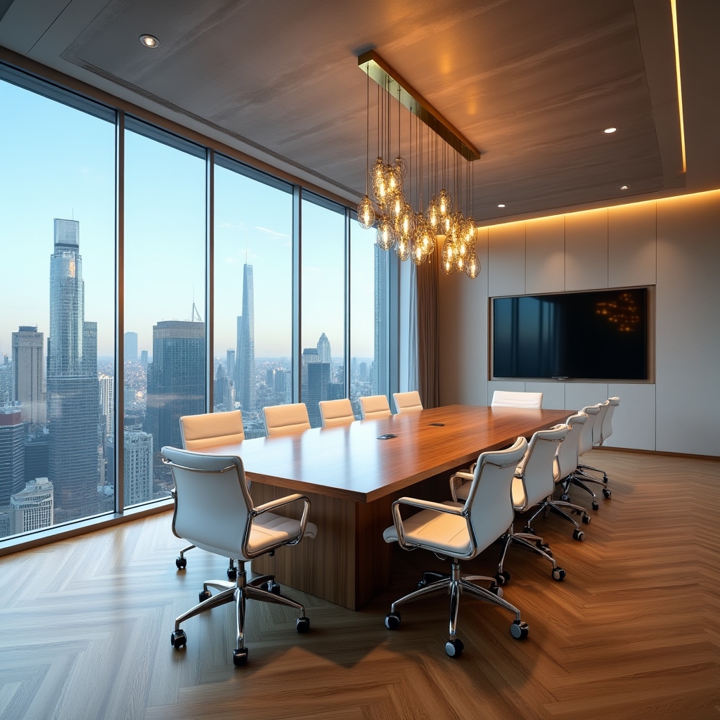 Modern conference room with floor-to-ceiling windows, city view, polished table and ergonomic chairs
